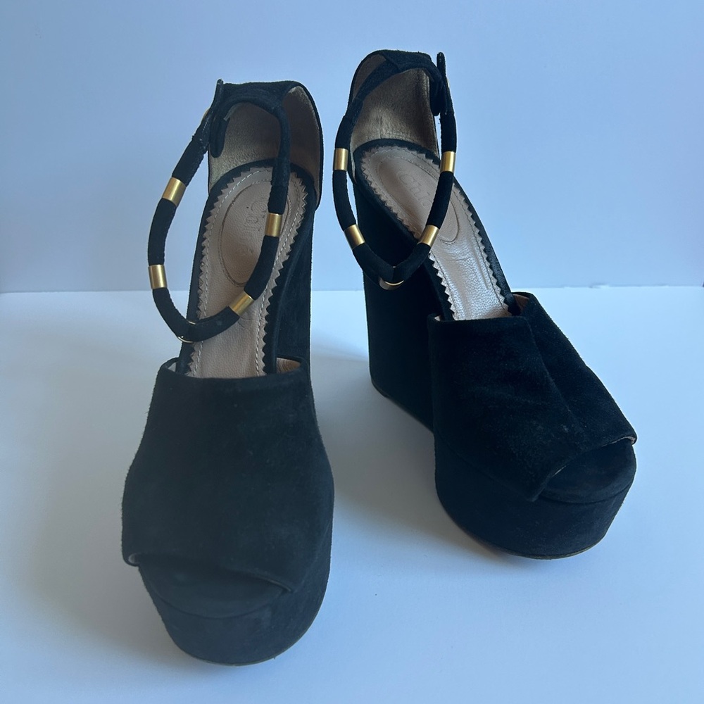 Chloe size 36 Black suede Wedge platforms w gold detail and snap - Picture 2 of 7